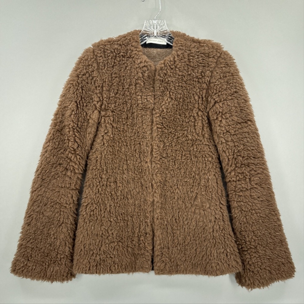 Vincent James Jacket Womens XS Brown Alpaca Knit Fuzzy Lined Collarless Short